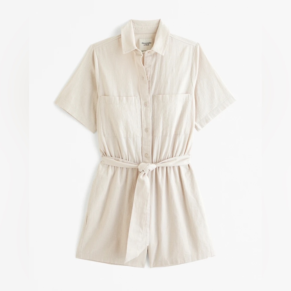 Abercrombie & Fitch Short-Sleeve Linen-Blend Romper in Light Taupe, M Petite